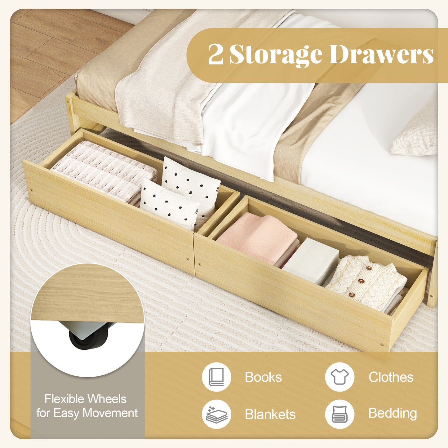 Twin Size Captain Bed with 2 Drawers and Slats Support, Natural Simple Bed Frame at Gallery Canada