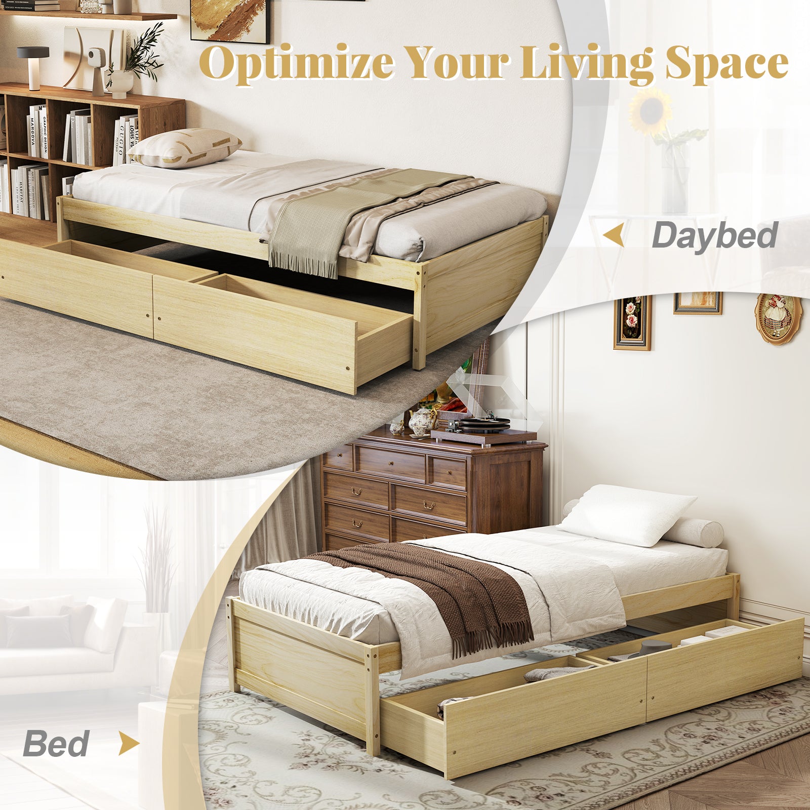 Twin Size Captain Bed with 2 Drawers and Slats Support, Natural Simple Bed Frame at Gallery Canada