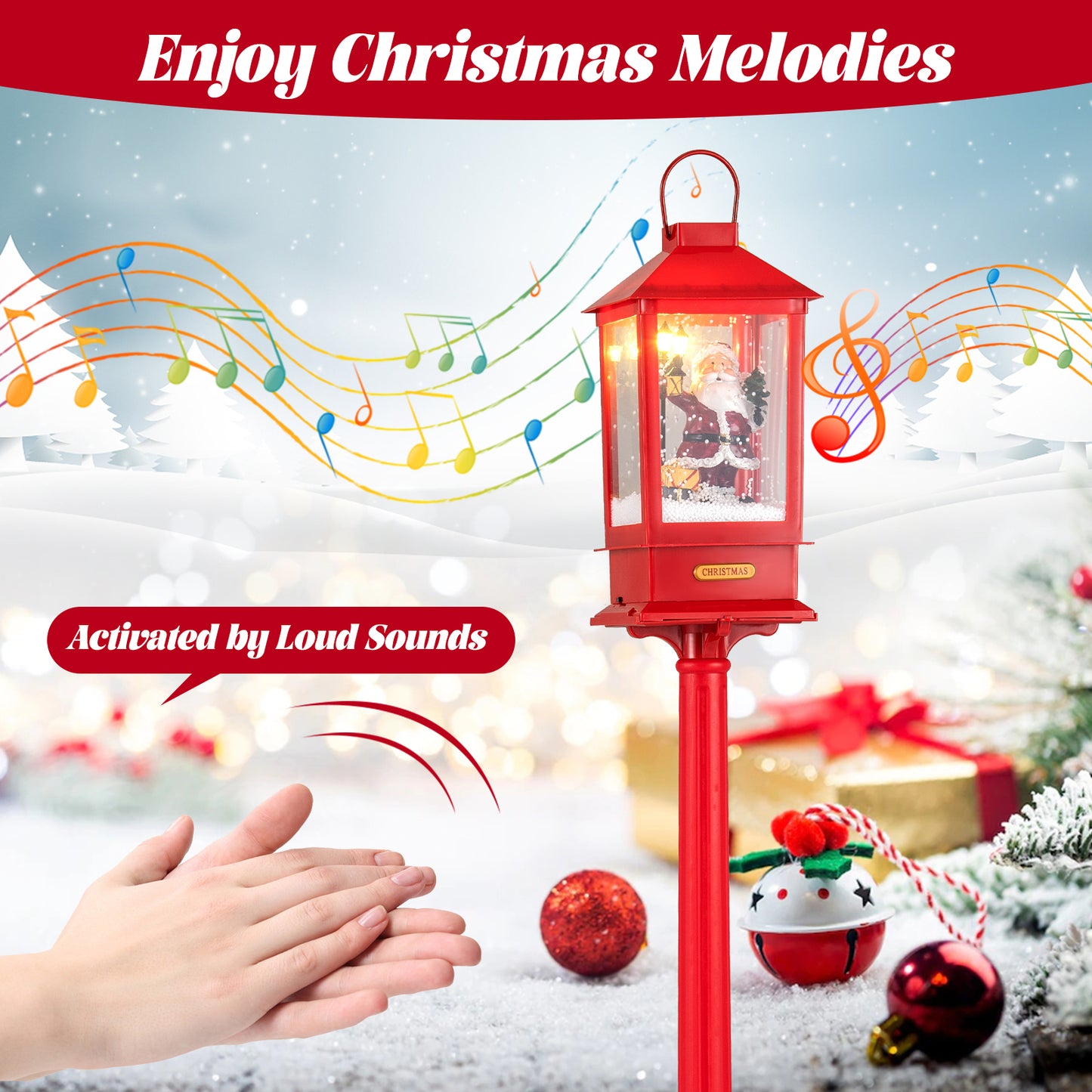 61 Inch Christmas Musical Street Lamp Post, Detachable Snow Globe Lantern, Red Christmas Decor & Accessories at Gallery Canada