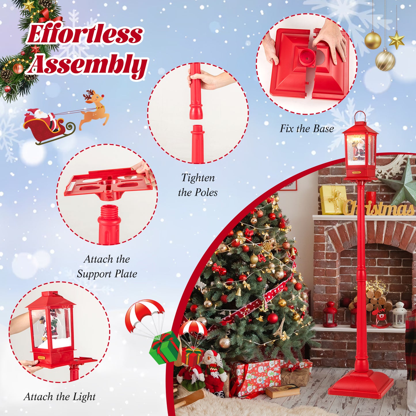 61 Inch Christmas Musical Street Lamp Post, Detachable Snow Globe Lantern, Red Christmas Decor & Accessories at Gallery Canada
