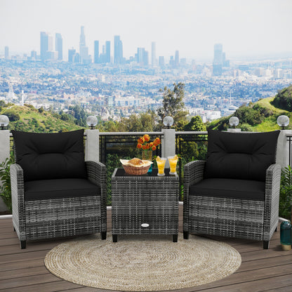 3 Pieces Outdoor Wicker Conversation Set with Tempered Glass Tabletop, Black Patio Conversation Sets at Gallery Canada