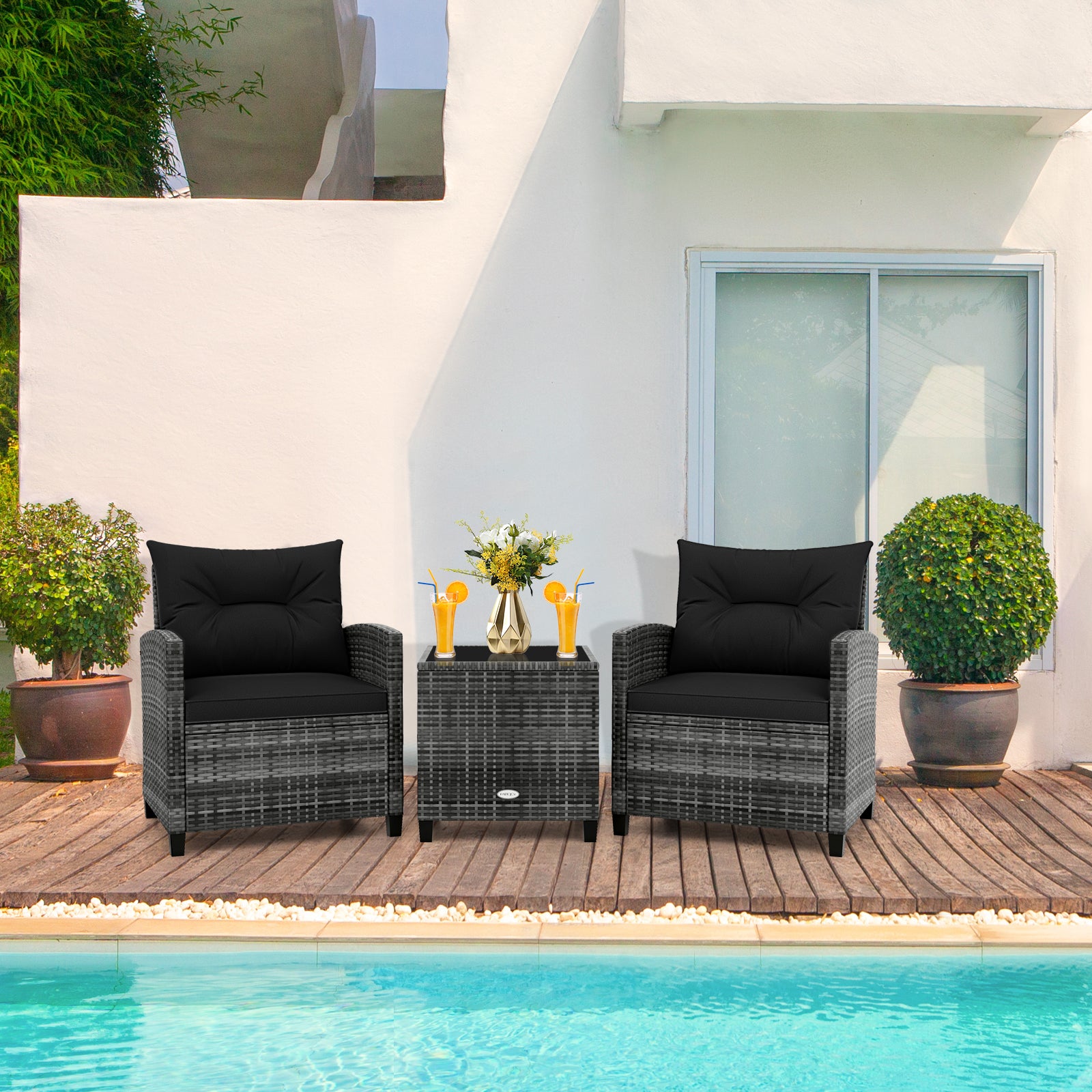 3 Pieces Outdoor Wicker Conversation Set with Tempered Glass Tabletop, Black Patio Conversation Sets at Gallery Canada