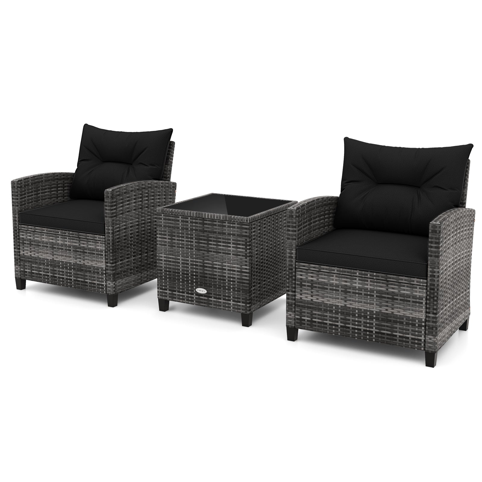 3 Pieces Outdoor Wicker Conversation Set with Tempered Glass Tabletop, Black Patio Conversation Sets Black at Gallery Canada