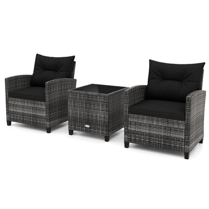 3 Pieces Outdoor Wicker Conversation Set with Tempered Glass Tabletop, Black Patio Conversation Sets Black at Gallery Canada
