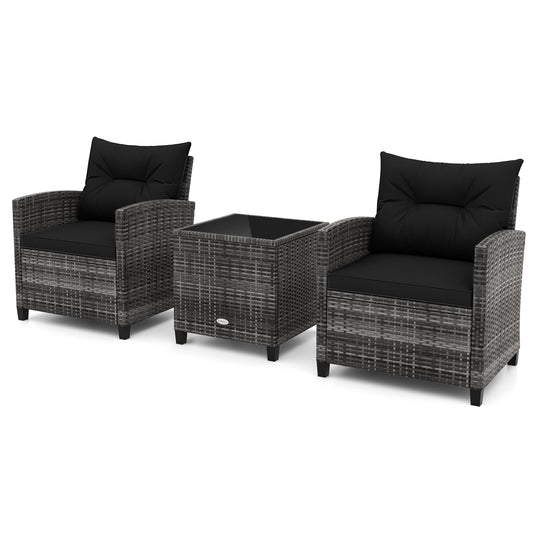3-Piece Outdoor Wicker Conversation Set, Tempered Glass Tabletop, Black Patio Conversation Sets Black at Gallery Canada