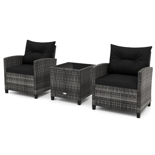 3-Piece Outdoor Wicker Conversation Set, Tempered Glass Tabletop, Black