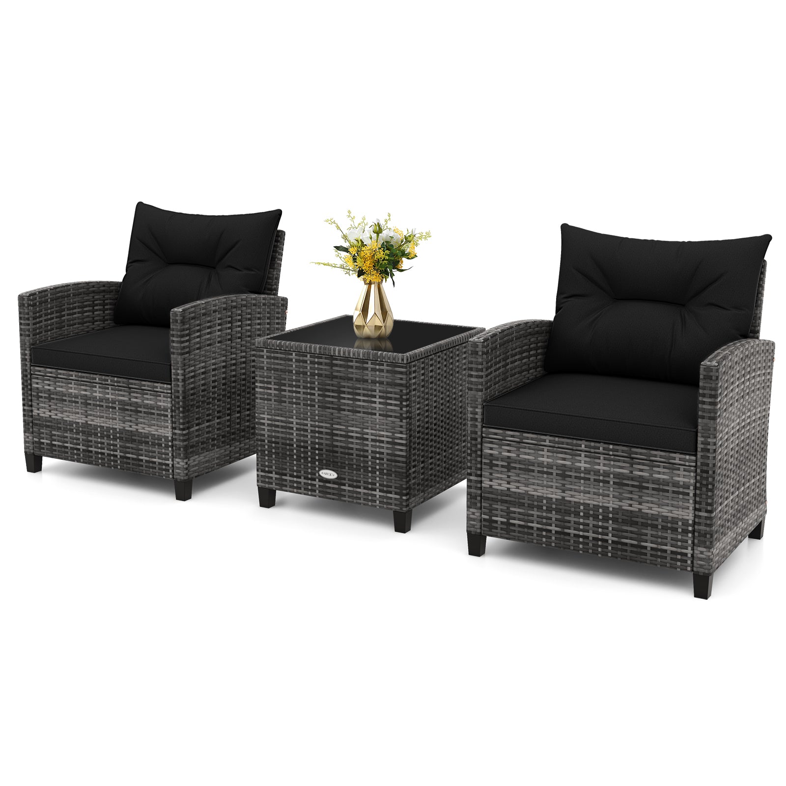 3 Pieces Outdoor Wicker Conversation Set with Tempered Glass Tabletop, Black Patio Conversation Sets at Gallery Canada