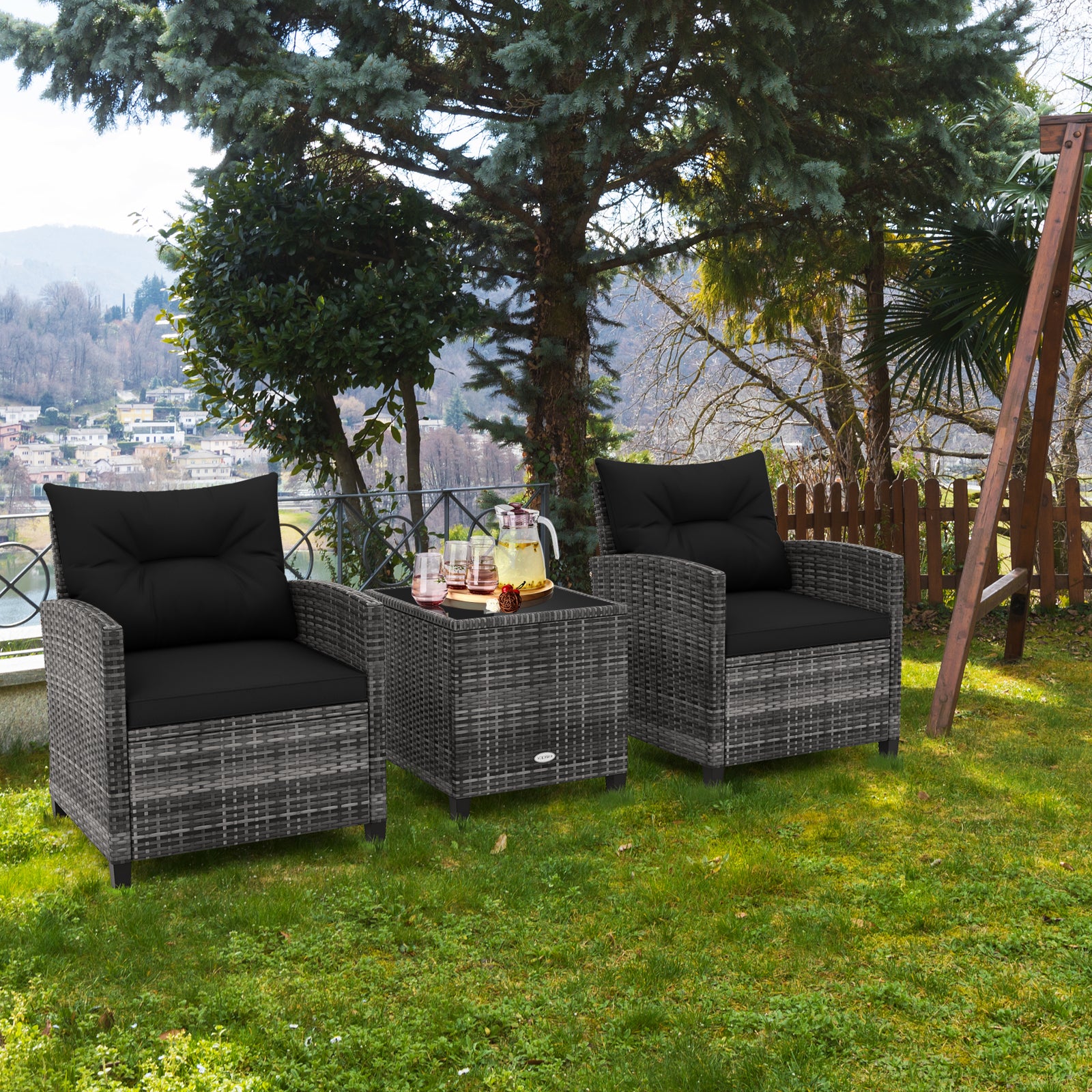 3 Pieces Outdoor Wicker Conversation Set with Tempered Glass Tabletop, Black Patio Conversation Sets at Gallery Canada