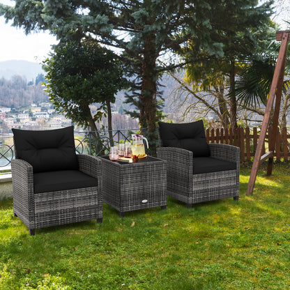 3 Pieces Outdoor Wicker Conversation Set with Tempered Glass Tabletop, Black Patio Conversation Sets at Gallery Canada
