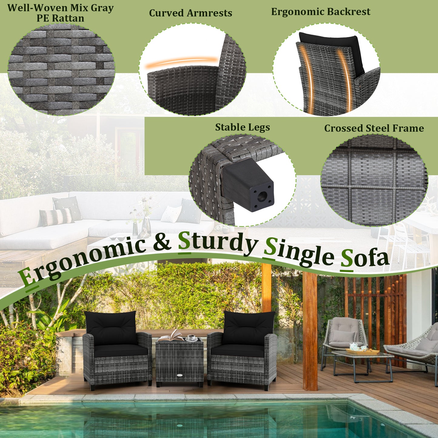 3 Pieces Outdoor Wicker Conversation Set with Tempered Glass Tabletop, Black Patio Conversation Sets at Gallery Canada