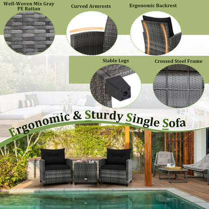 3 Pieces Outdoor Wicker Conversation Set with Tempered Glass Tabletop, Black Patio Conversation Sets at Gallery Canada