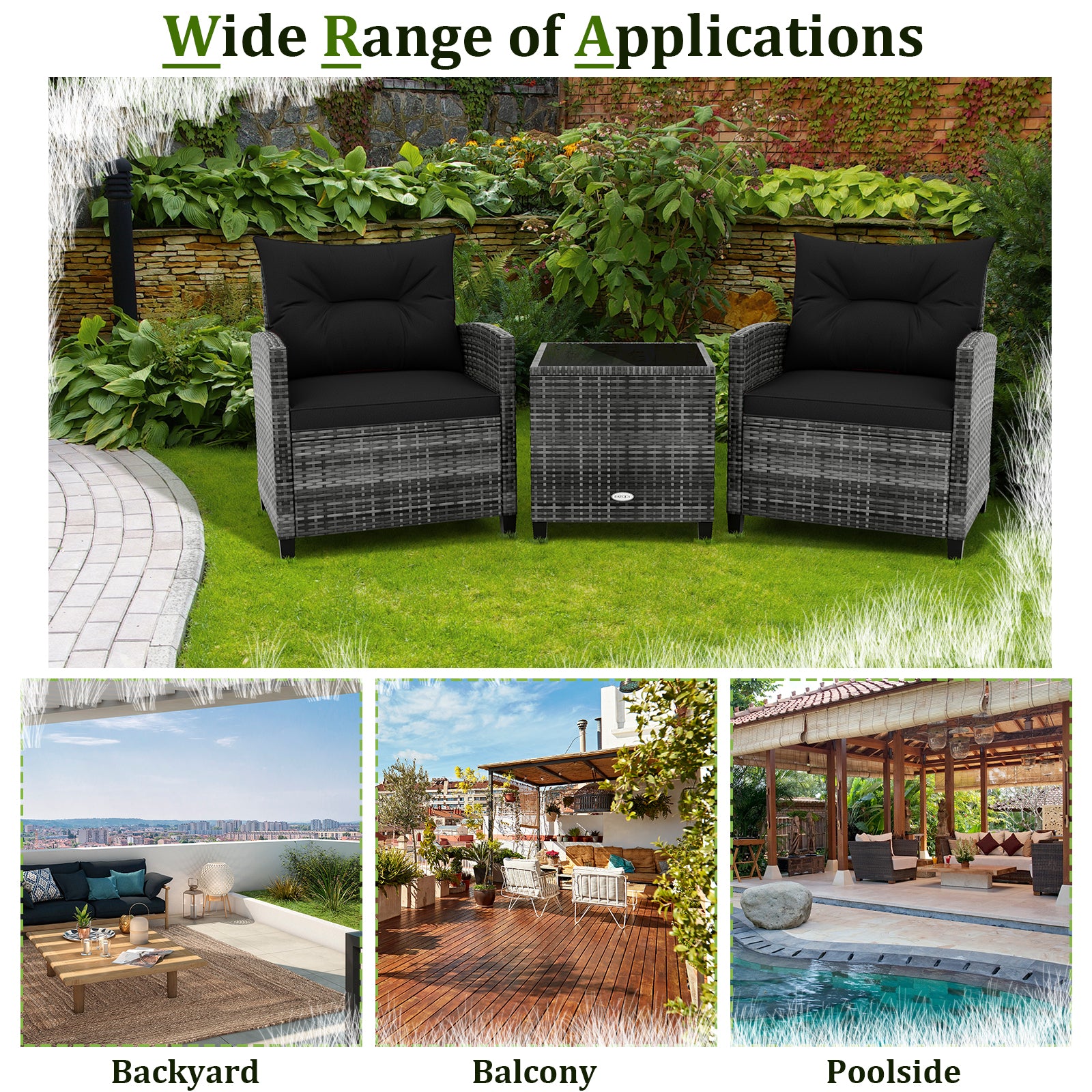 3 Pieces Outdoor Wicker Conversation Set with Tempered Glass Tabletop, Black Patio Conversation Sets at Gallery Canada