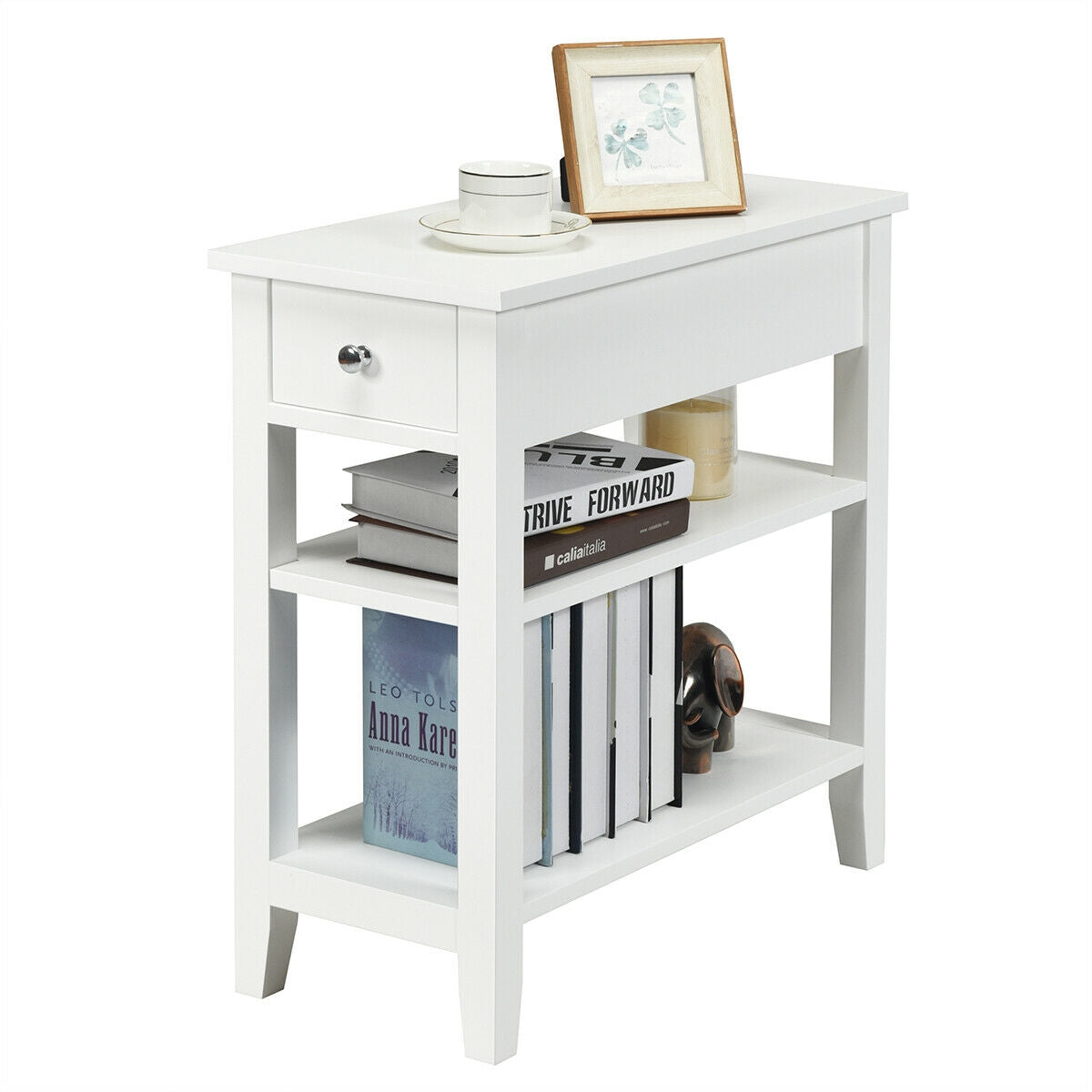 3-Tier Nightstand Bedside Table Sofa Side with Double Shelves Drawer, White Nightstands at Gallery Canada