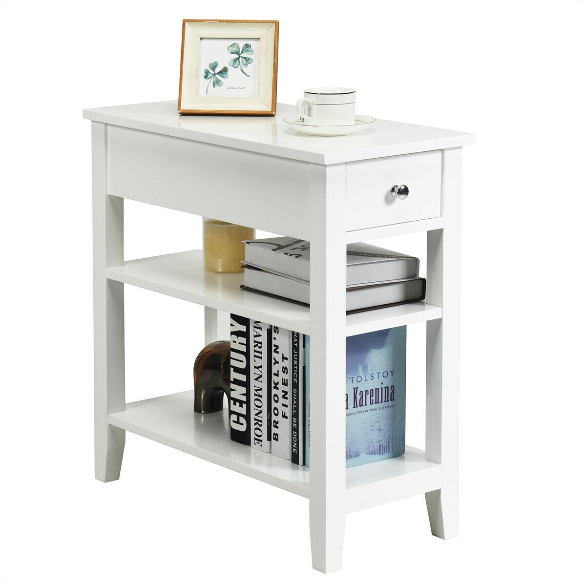 3-Tier Nightstand Bedside Table Sofa Side with Double Shelves Drawer, White Nightstands White at Gallery Canada