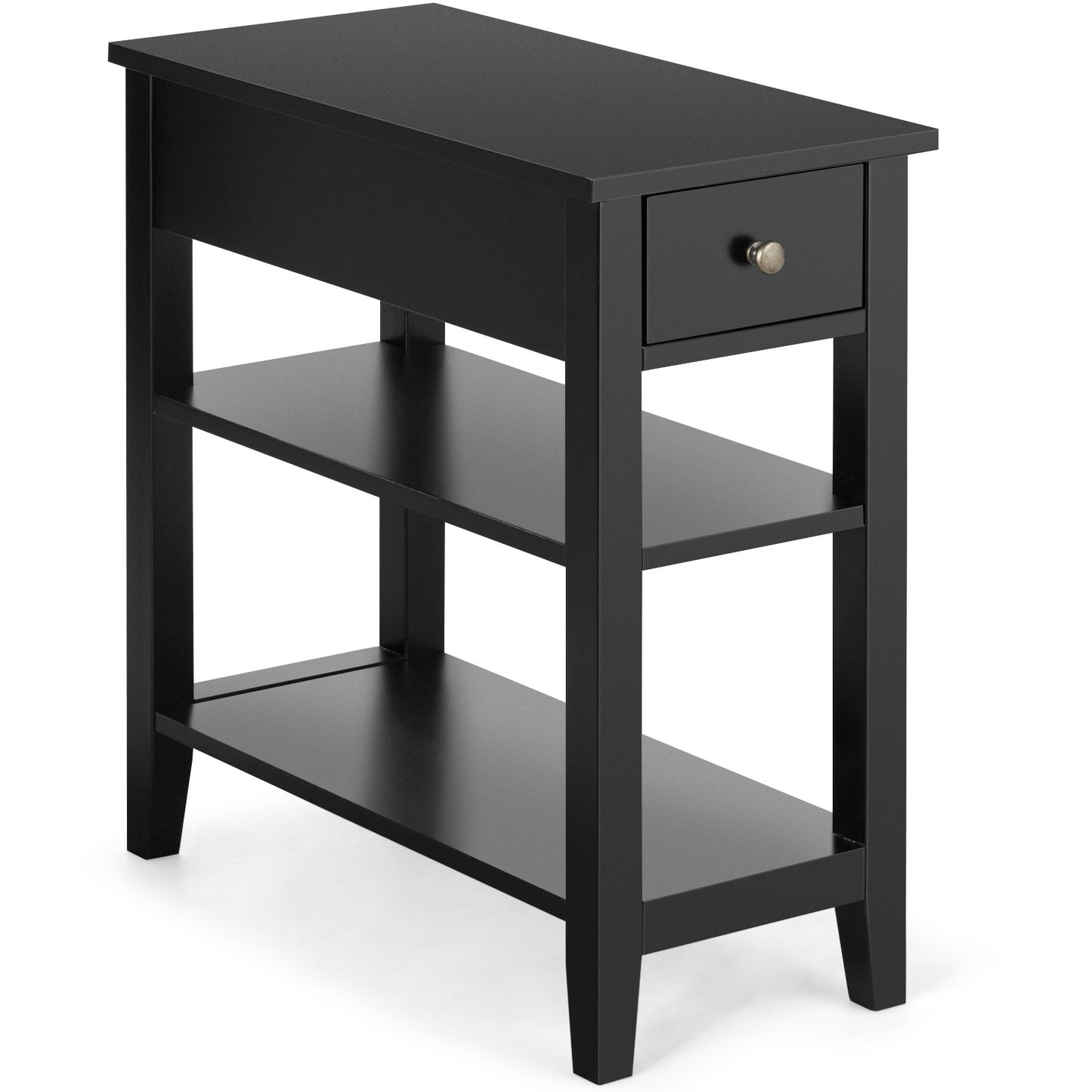 3-Tier Nightstand, Double Shelves Drawer, Black