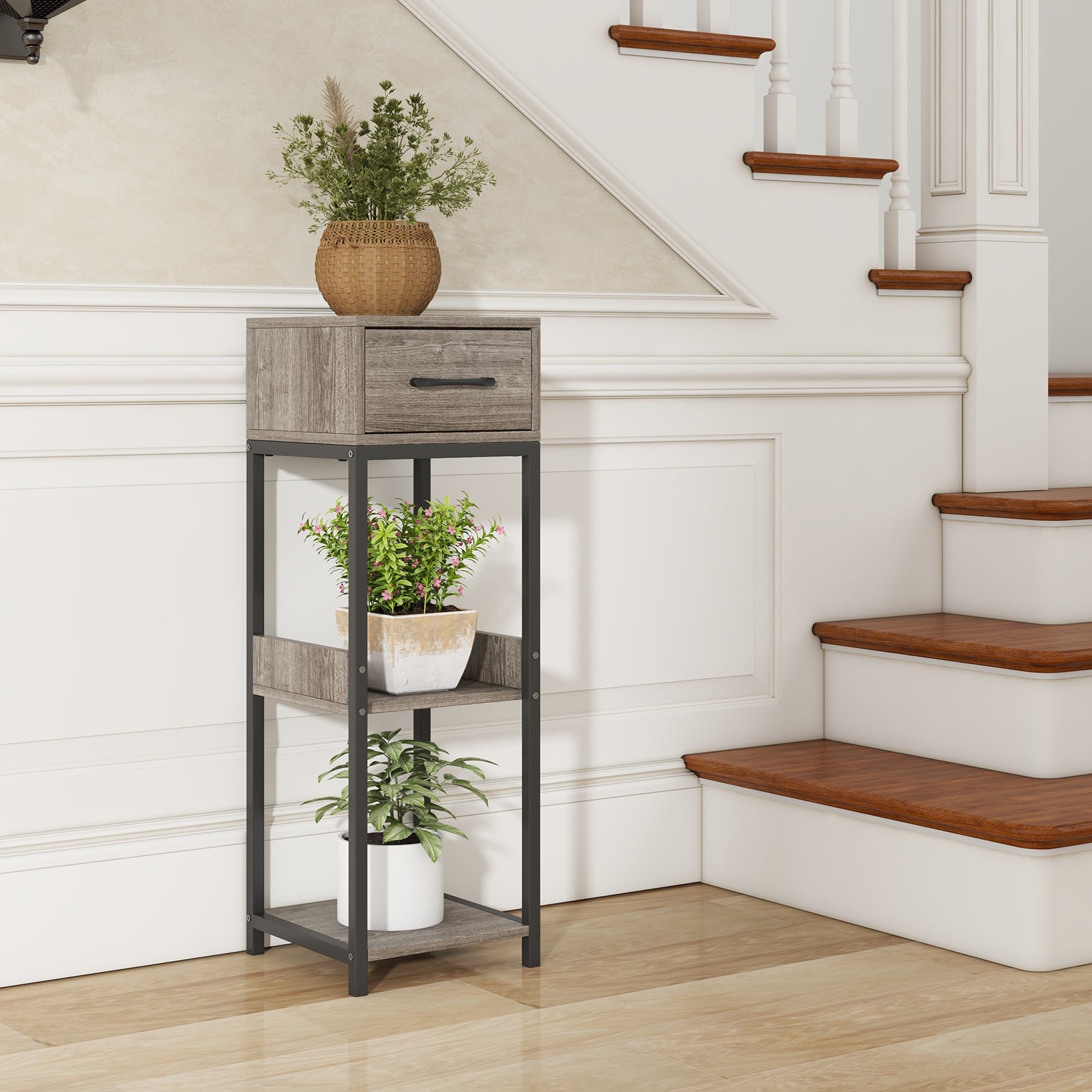 3 Tier Tall Plant Stand with Drawer Anti-tipping Devices, Gray End & Side Tables at Gallery Canada