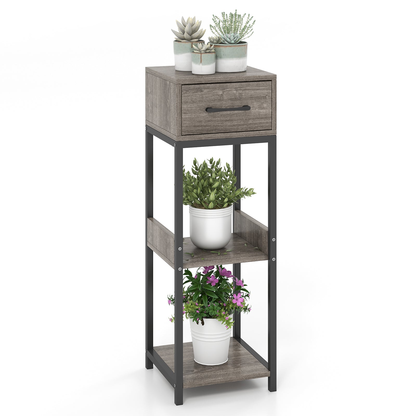 3 Tier Tall Plant Stand with Drawer Anti-tipping Devices, Gray End & Side Tables at Gallery Canada