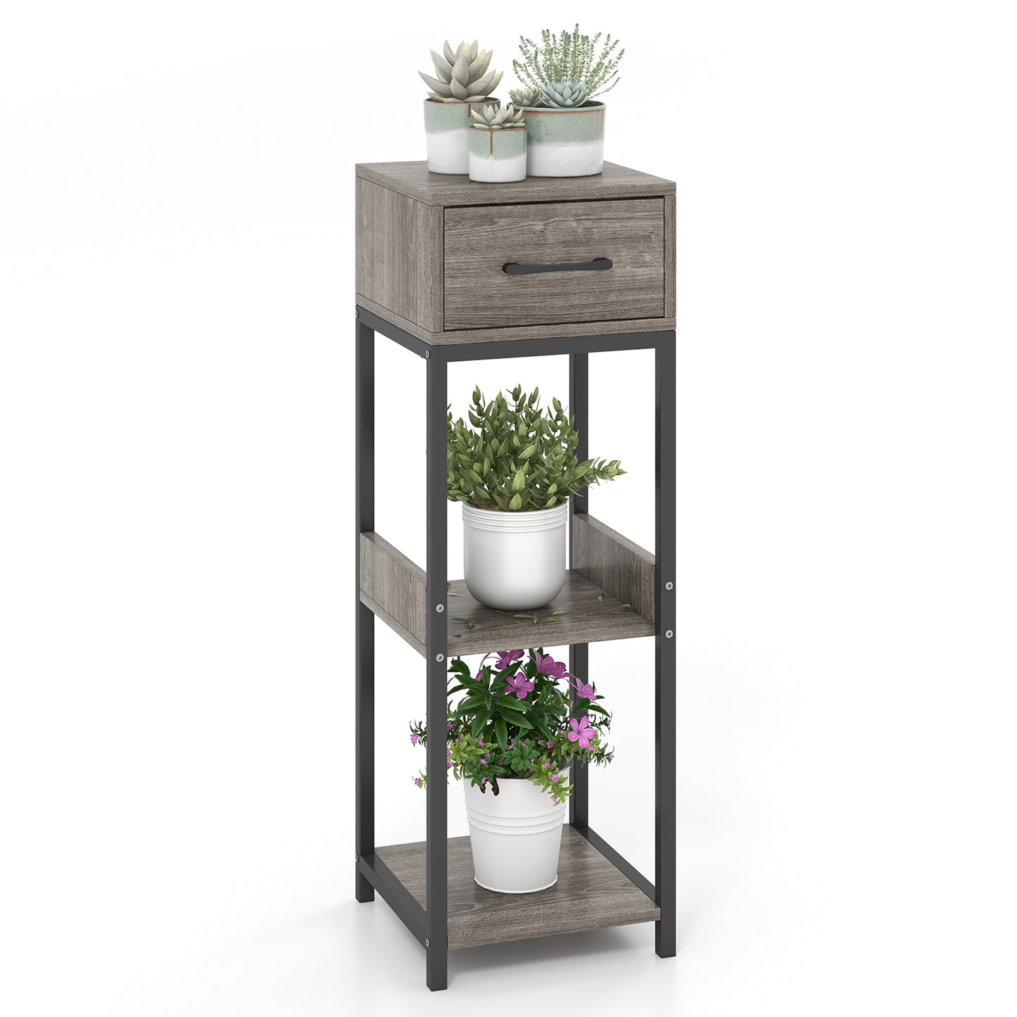 3 Tier Tall Plant Stand With Drawer, Anti-Tipping, Gray End & Side Tables at Gallery Canada
