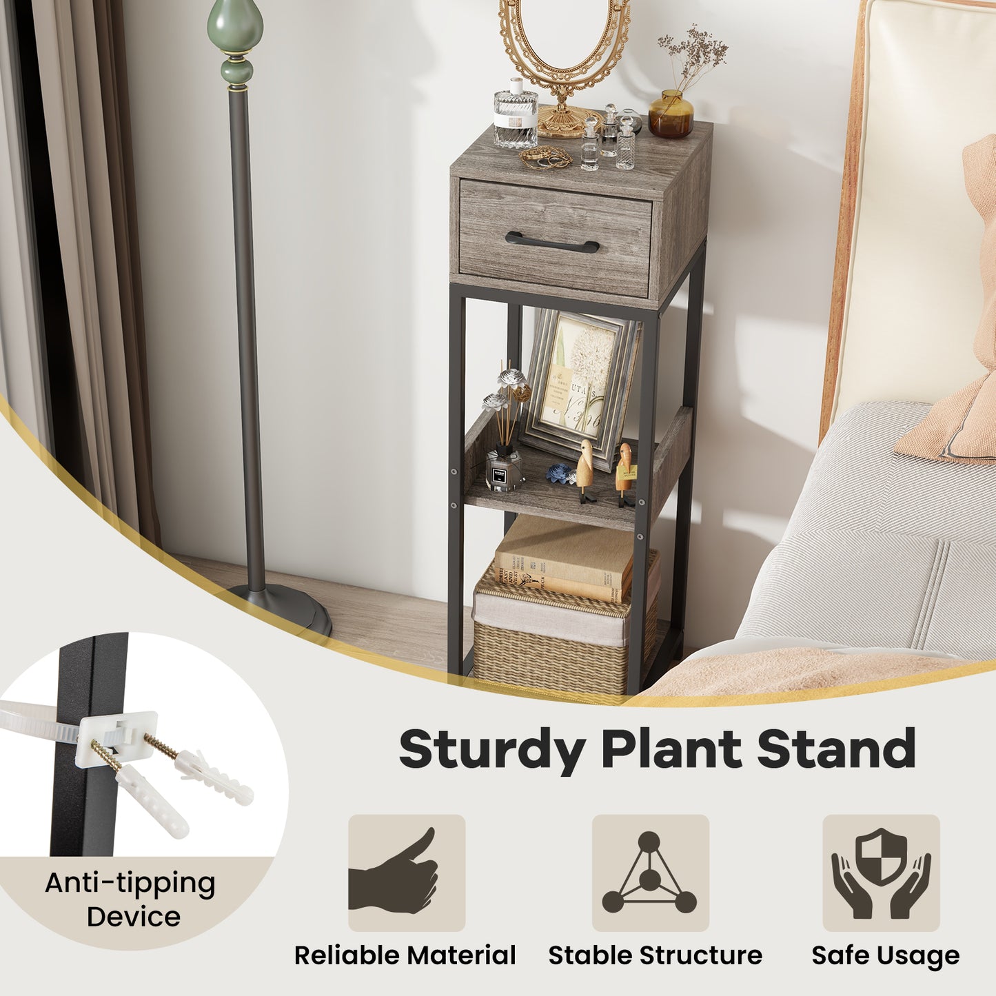 3 Tier Tall Plant Stand with Drawer Anti-tipping Devices, Gray End & Side Tables at Gallery Canada