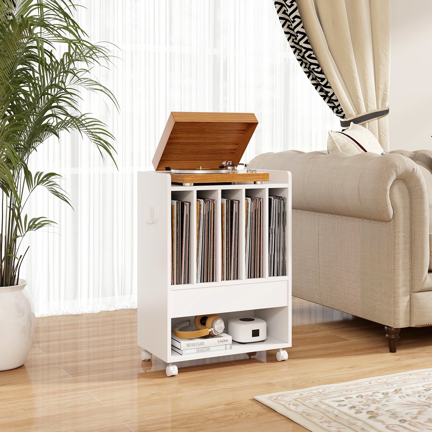 Record Rolling Turntable Player Stand with Drawer, White End & Side Tables at Gallery Canada