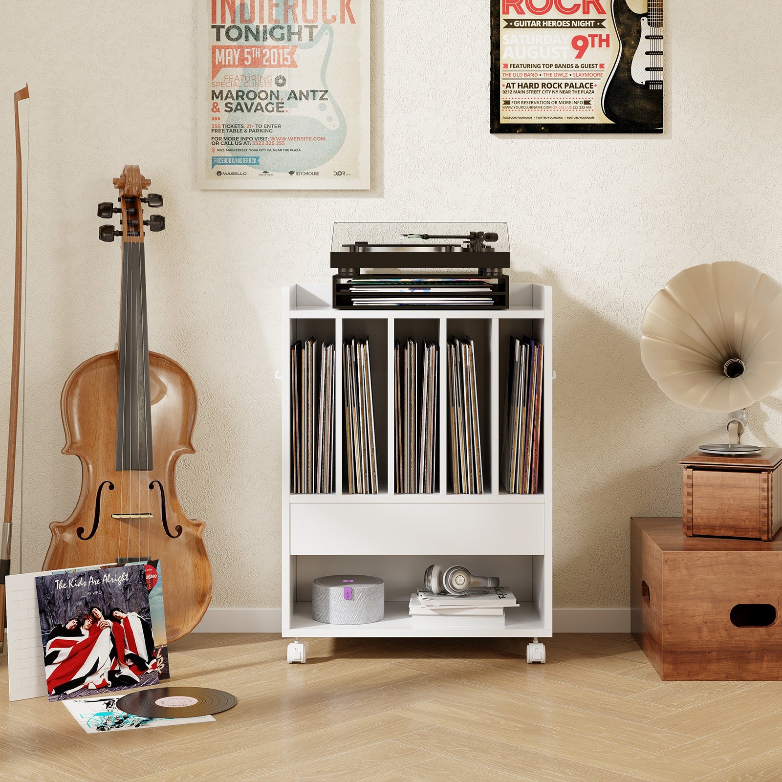 Record Rolling Turntable Player Stand with Drawer, White End & Side Tables at Gallery Canada