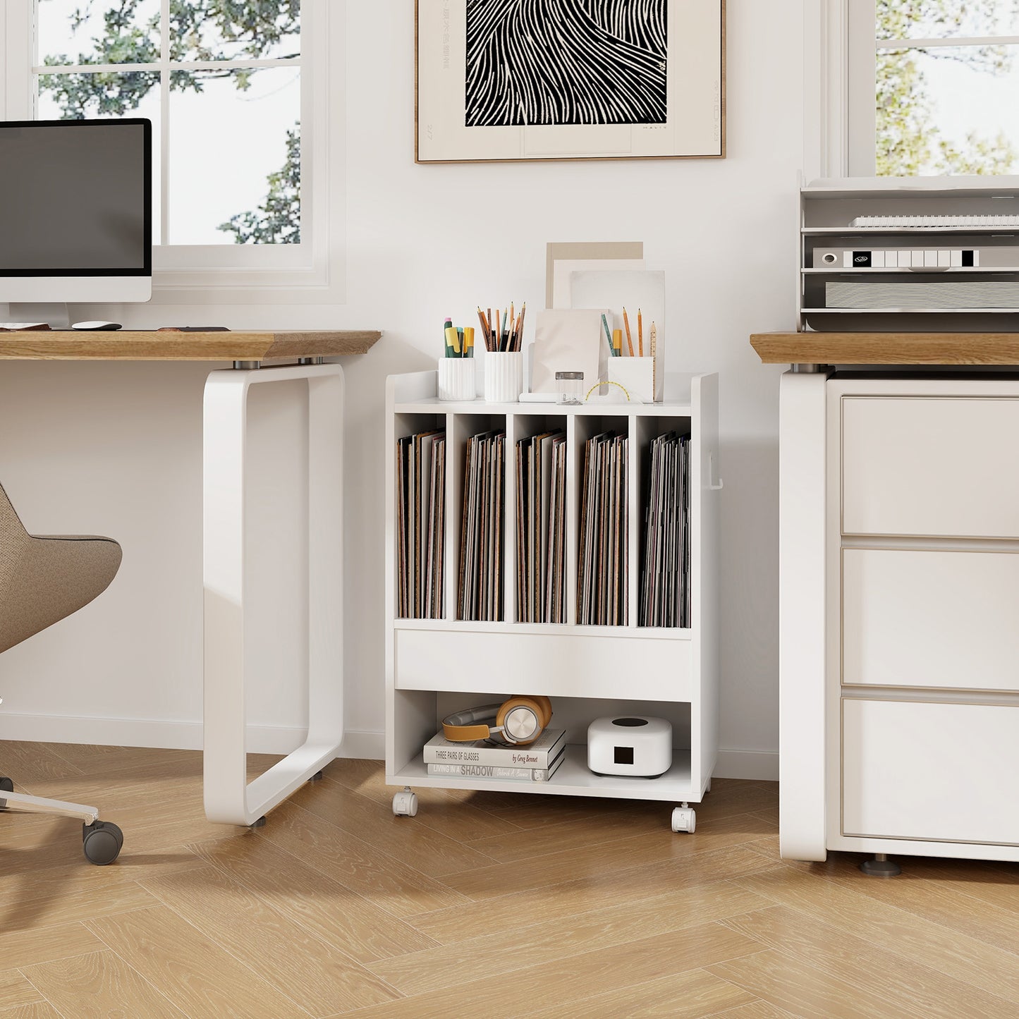Record Rolling Turntable Player Stand with Drawer, White End & Side Tables at Gallery Canada