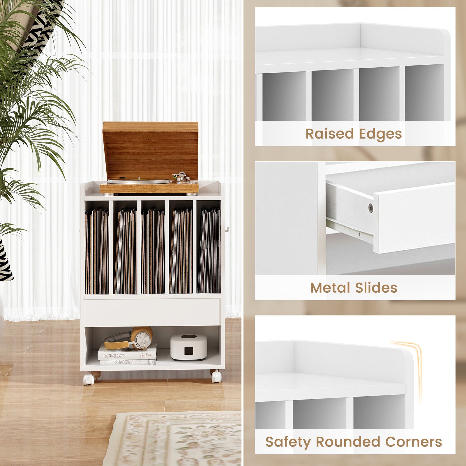 Record Rolling Turntable Player Stand with Drawer, White End & Side Tables at Gallery Canada