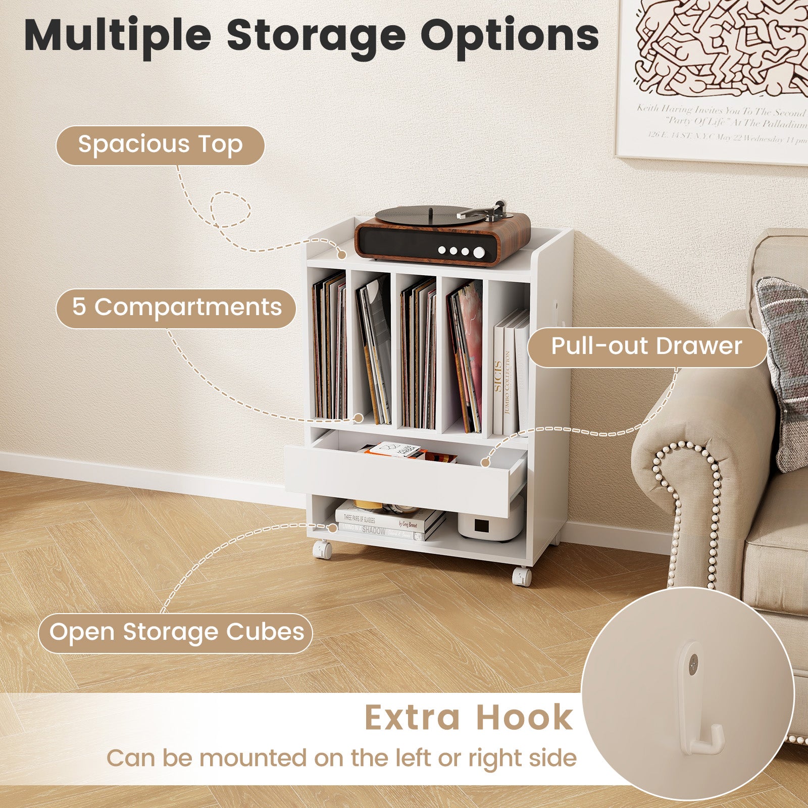 Record Rolling Turntable Player Stand with Drawer, White End & Side Tables at Gallery Canada