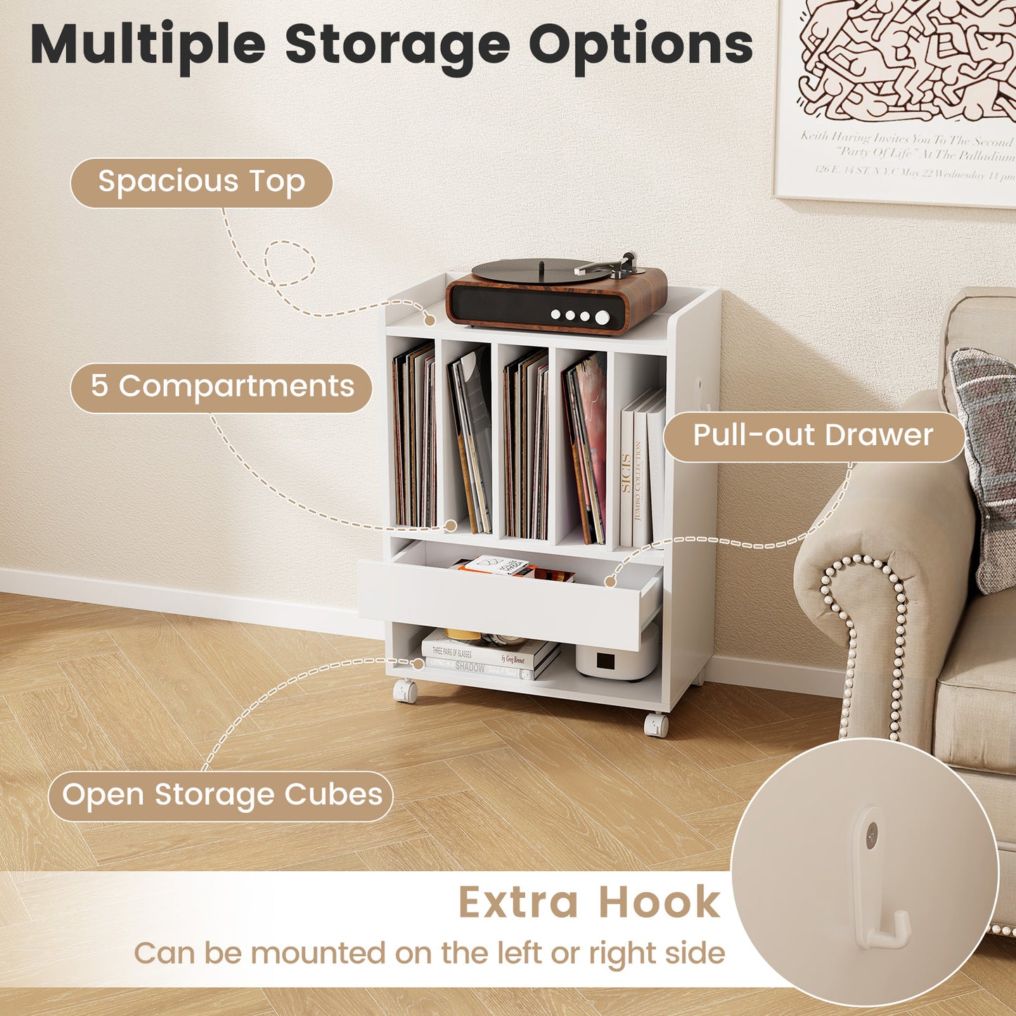 Record Rolling Turntable Player Stand with Drawer, White End & Side Tables at Gallery Canada