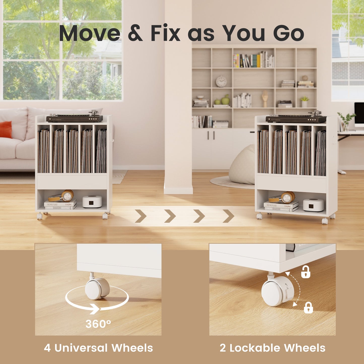 Record Rolling Turntable Player Stand with Drawer, White End & Side Tables at Gallery Canada