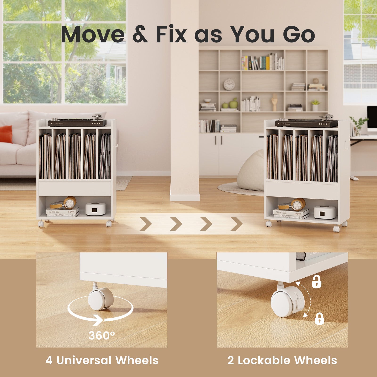 Record Rolling Turntable Player Stand with Drawer, White End & Side Tables at Gallery Canada