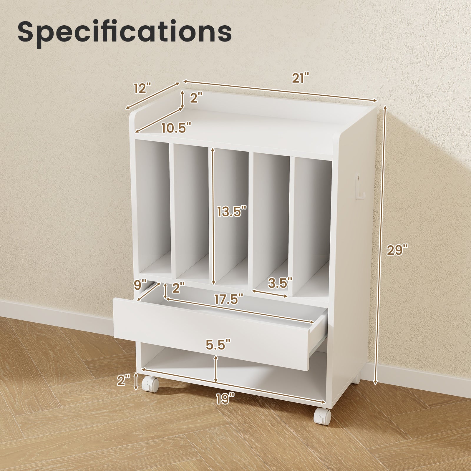 Record Rolling Turntable Player Stand with Drawer, White End & Side Tables at Gallery Canada