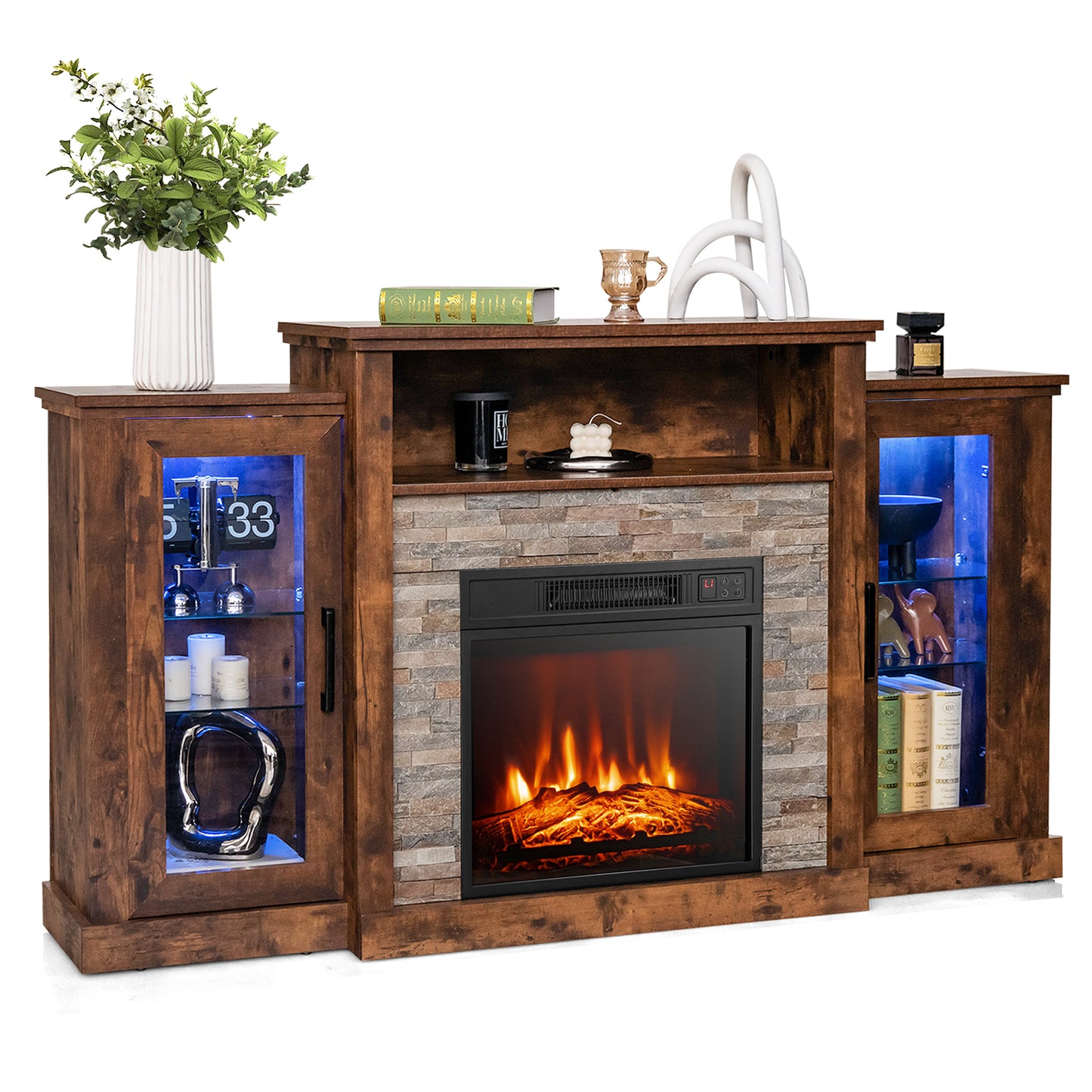 Fireplace TV Stand with 16-Color Led Lights for TVs up to 65 Inch, Brown Entertainment Centers & TV Stands at Gallery Canada