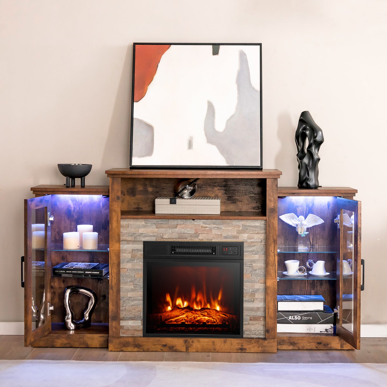 Fireplace TV Stand with 16-Color Led Lights for TVs up to 65 Inch, Brown Entertainment Centers & TV Stands at Gallery Canada