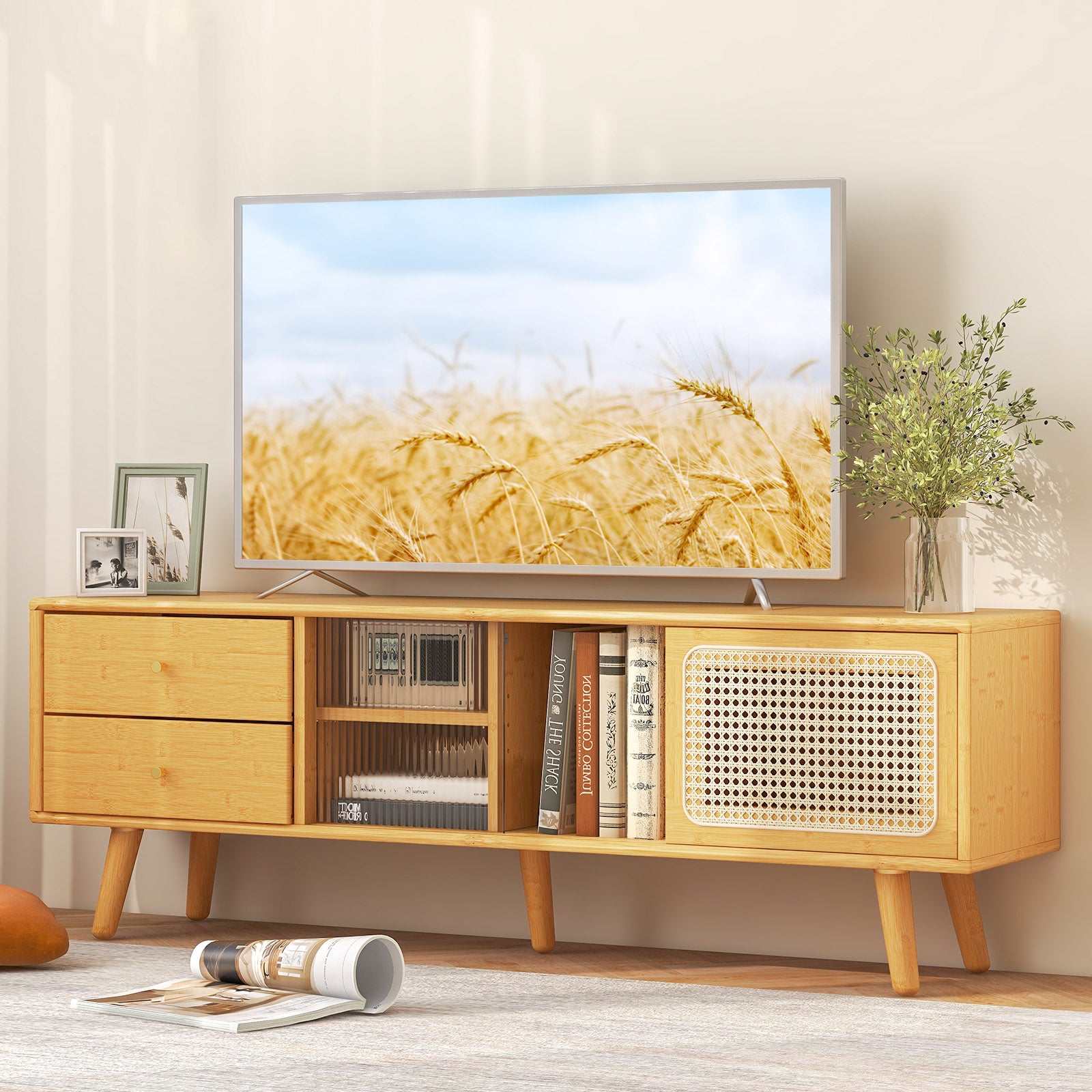 Bamboo TV Stand for TV up to 65 Inch, Natural End & Side Tables at Gallery Canada