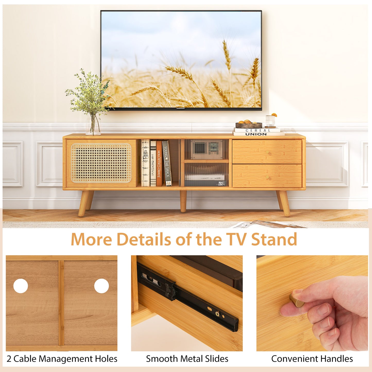Bamboo TV Stand for TV up to 65 Inch, Natural End & Side Tables at Gallery Canada