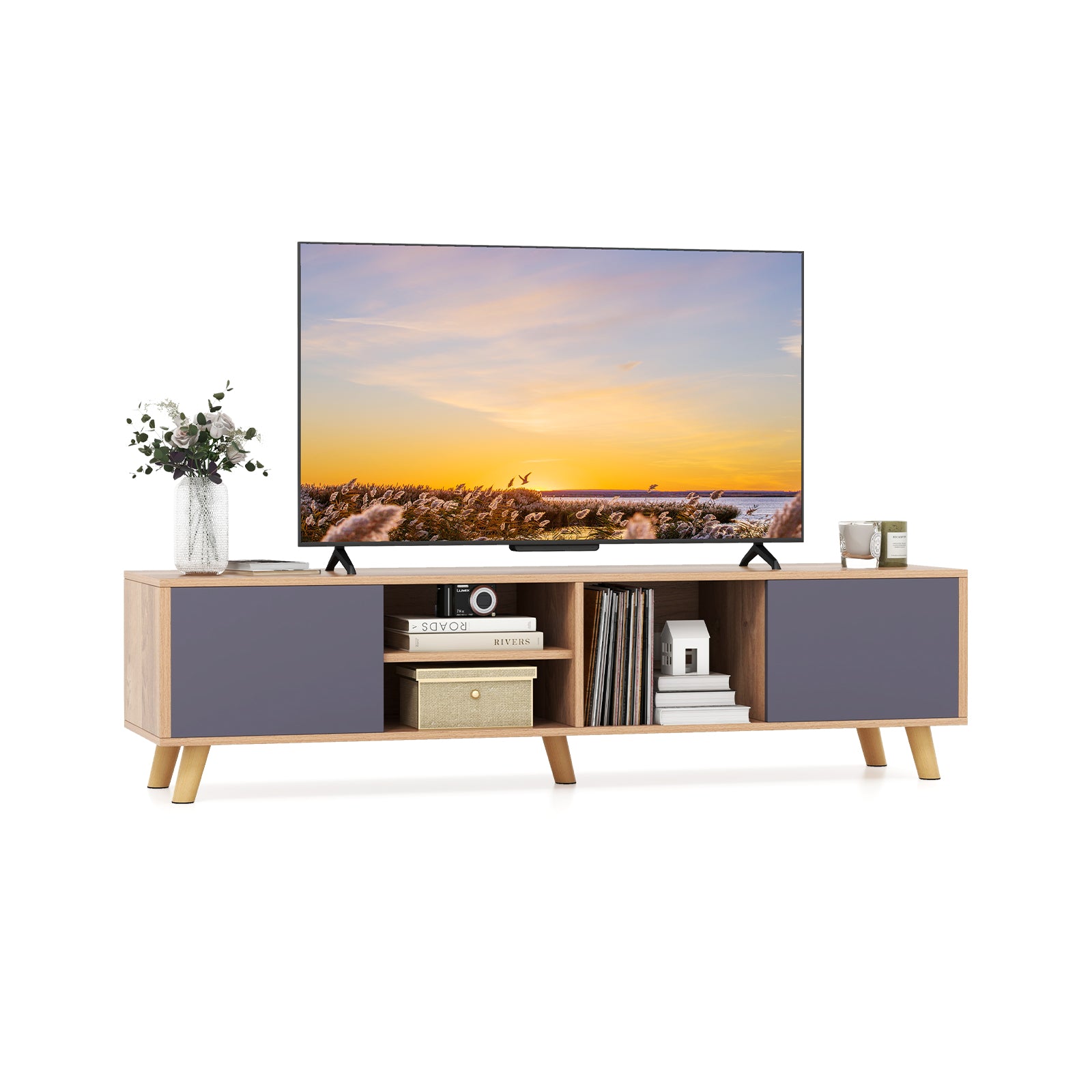 TV Stand Cabinet for TVs up to 65 Inch with Open Shelf for Living Room, Natural Entertainment Centers & TV Stands Natural at Gallery Canada