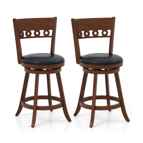 Set of 2 Swivel Bar Stools, Rubber Wood Frame, 24.5 Inches, Brown