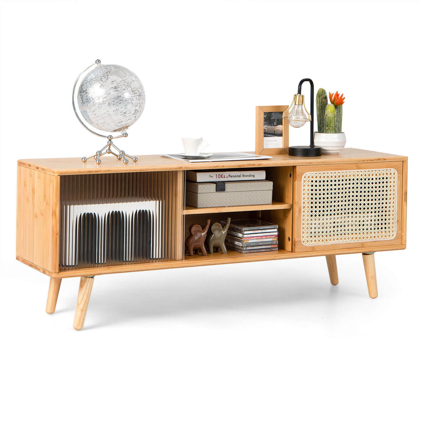 Modern TV Stand With Rattan Glass Sliding Doors, Natural Entertainment Centers & TV Stands Natural at Gallery Canada