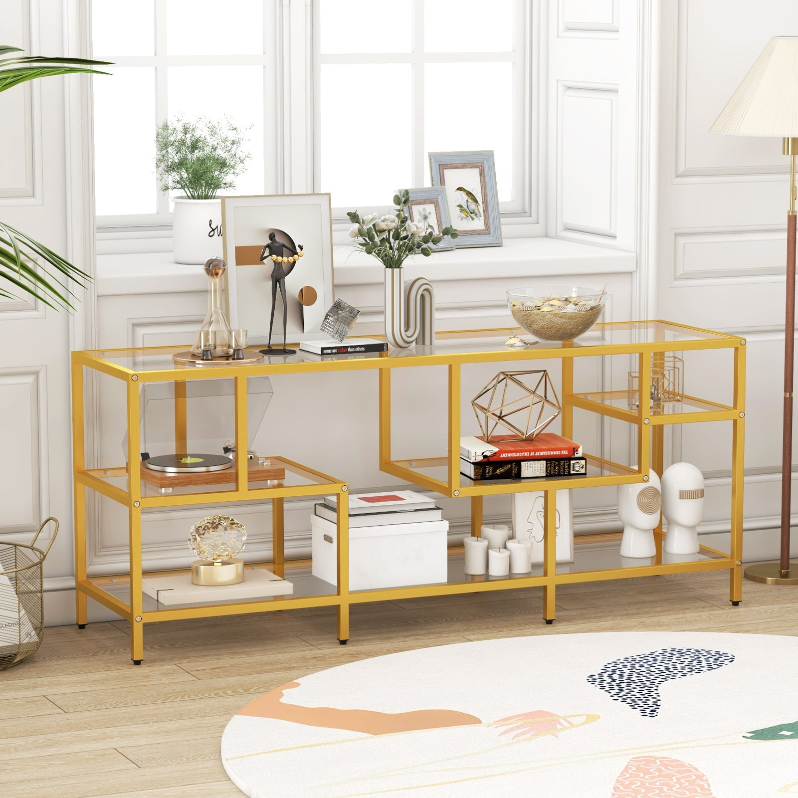 58 Inch TV Console Table with Tempered Glass Shelves for Living Room, Golden Entertainment Centers & TV Stands at Gallery Canada