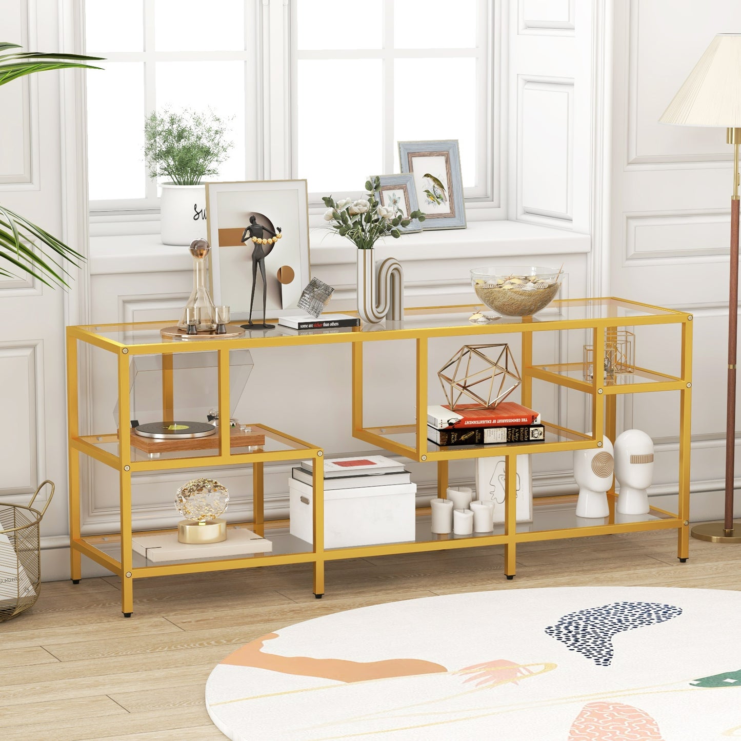 58 Inch TV Console Table with Tempered Glass Shelves for Living Room, Golden Entertainment Centers & TV Stands at Gallery Canada