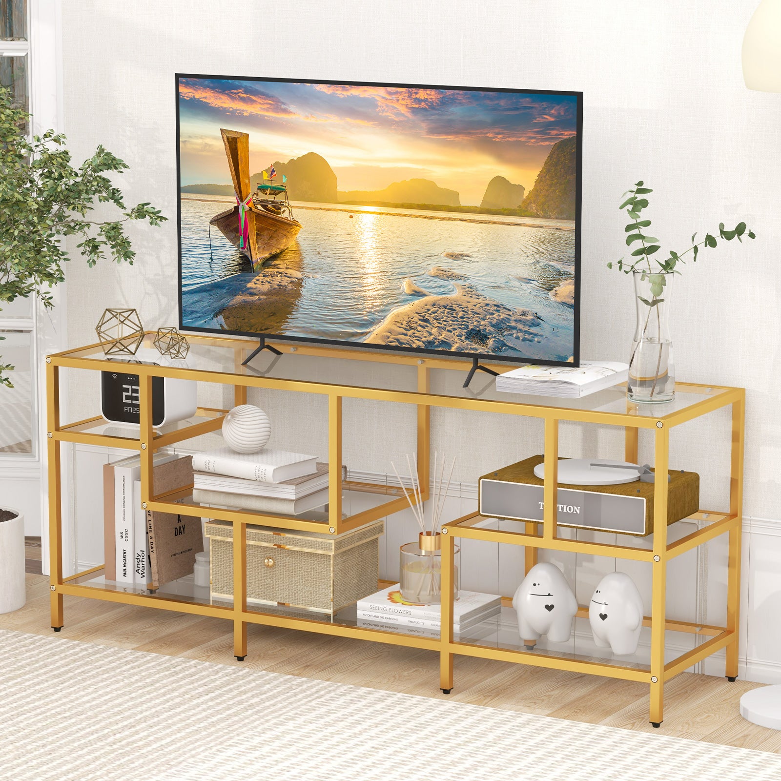 58 Inch TV Console Table with Tempered Glass Shelves for Living Room, Golden Entertainment Centers & TV Stands at Gallery Canada