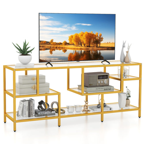 58 Inch TV Console Table with Tempered Glass Shelves for Living Room, Golden