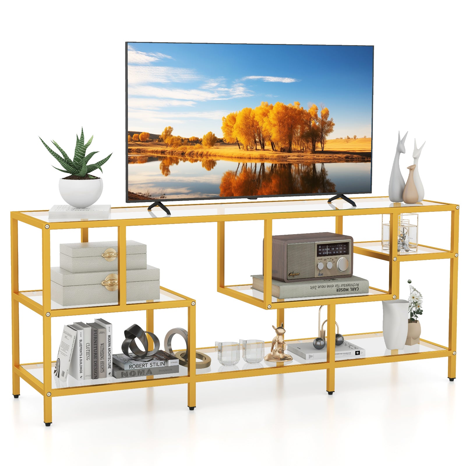 58 Inch TV Console Table with Tempered Glass Shelves for Living Room, Golden Entertainment Centers & TV Stands at Gallery Canada