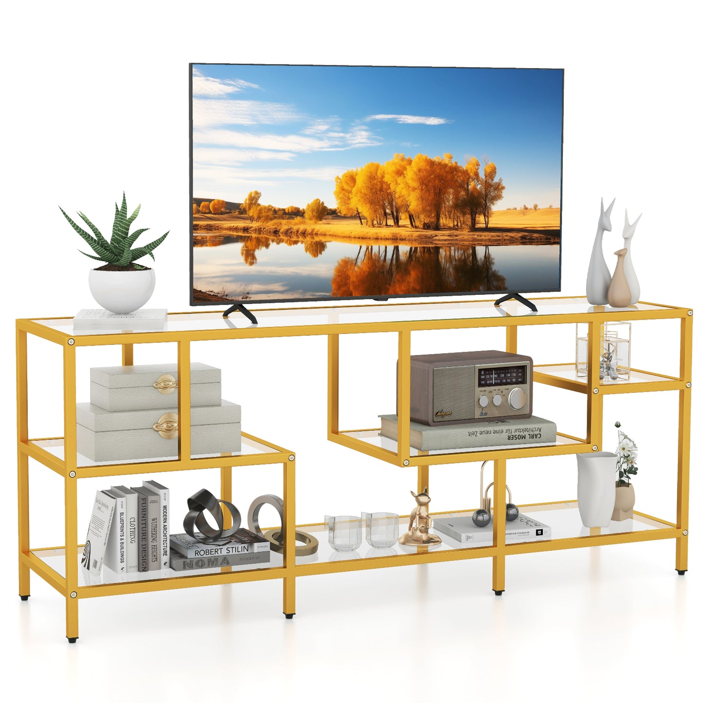 Table de console TV 58 pouces, étagères en verre trempé, doré