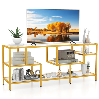 Table de console TV 58 pouces, étagères en verre trempé, doré