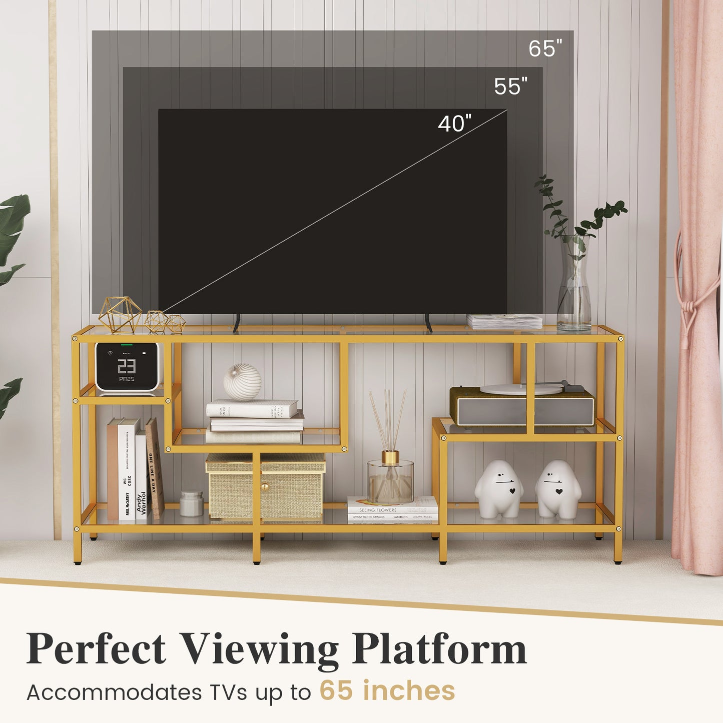 58 Inch TV Console Table with Tempered Glass Shelves for Living Room, Golden Entertainment Centers & TV Stands at Gallery Canada
