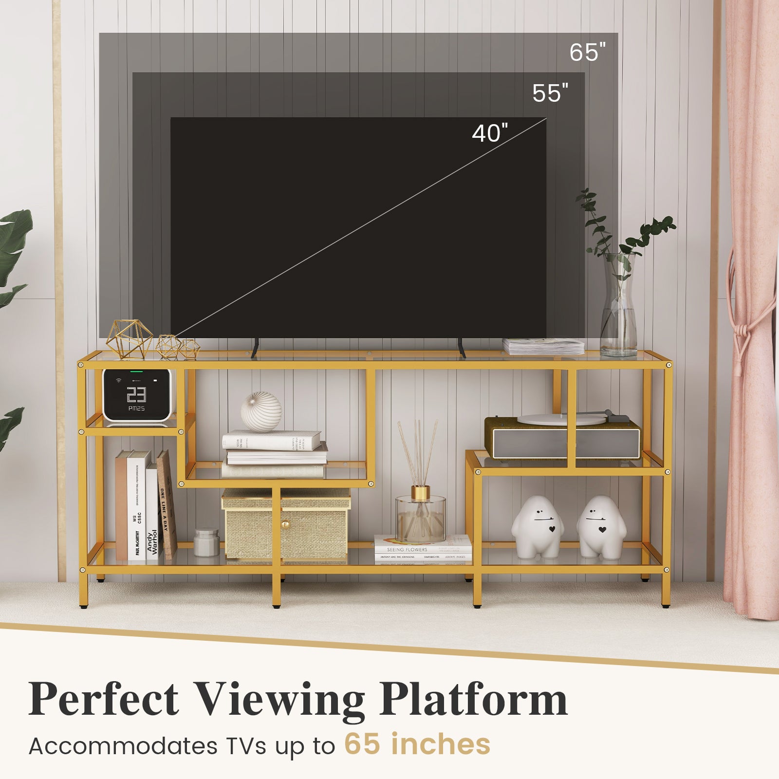 58 Inch TV Console Table with Tempered Glass Shelves for Living Room, Golden Entertainment Centers & TV Stands at Gallery Canada