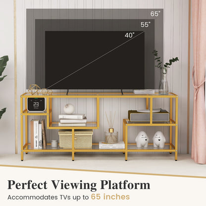 58 Inch TV Console Table with Tempered Glass Shelves for Living Room, Golden Entertainment Centers & TV Stands at Gallery Canada