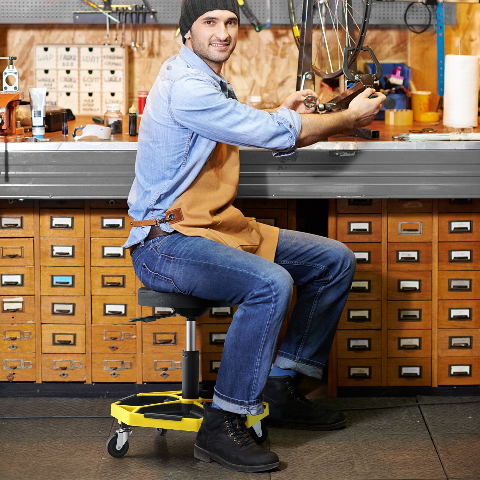 330 LBS Capacity Pneumatic Rolling Mechanic Stool with Padded Seat, Yellow Garages at Gallery Canada